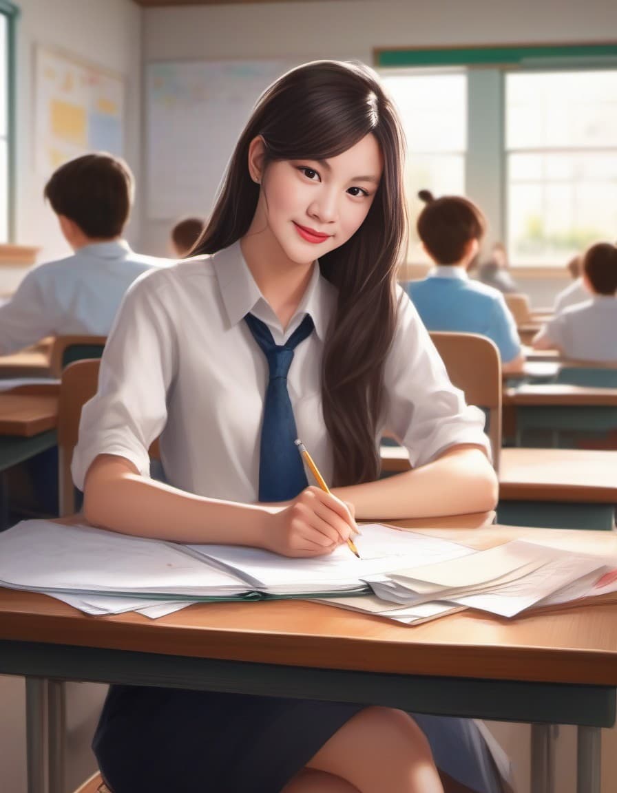 AI generated: A smart male student in a classroom, school,straight face, classroom, sitting in a chair, desk, pape...