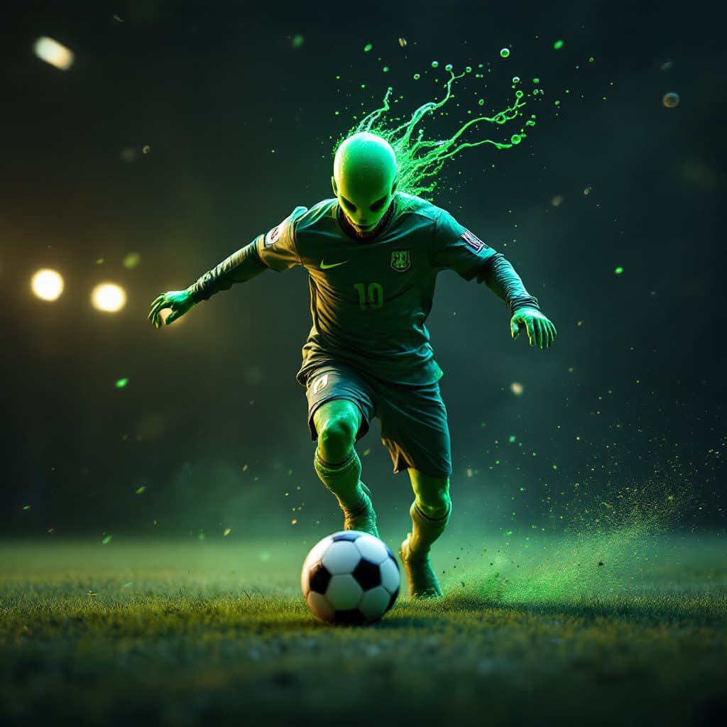 AI generated: Lionel Messi playing football around a green martian, 8k, HD, nanites, volumetric lighting