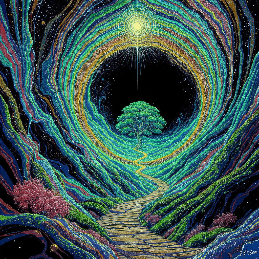 AI generated: surrealist rendering of a large circle with a person above a tree in an image, a path to infinity in...