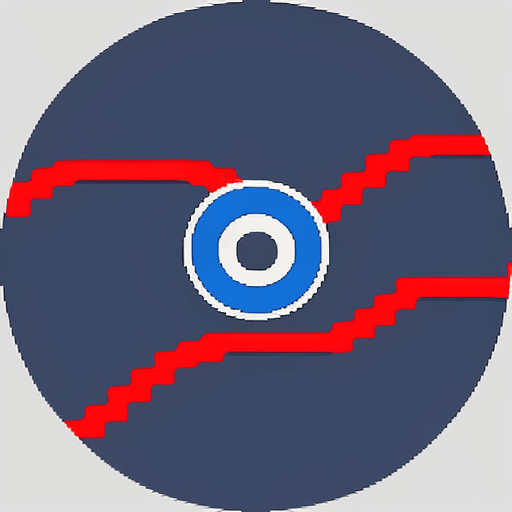 AI generated: A circular logo of rift from pixel, red and blue, little river, people trying to cross the track, pi...