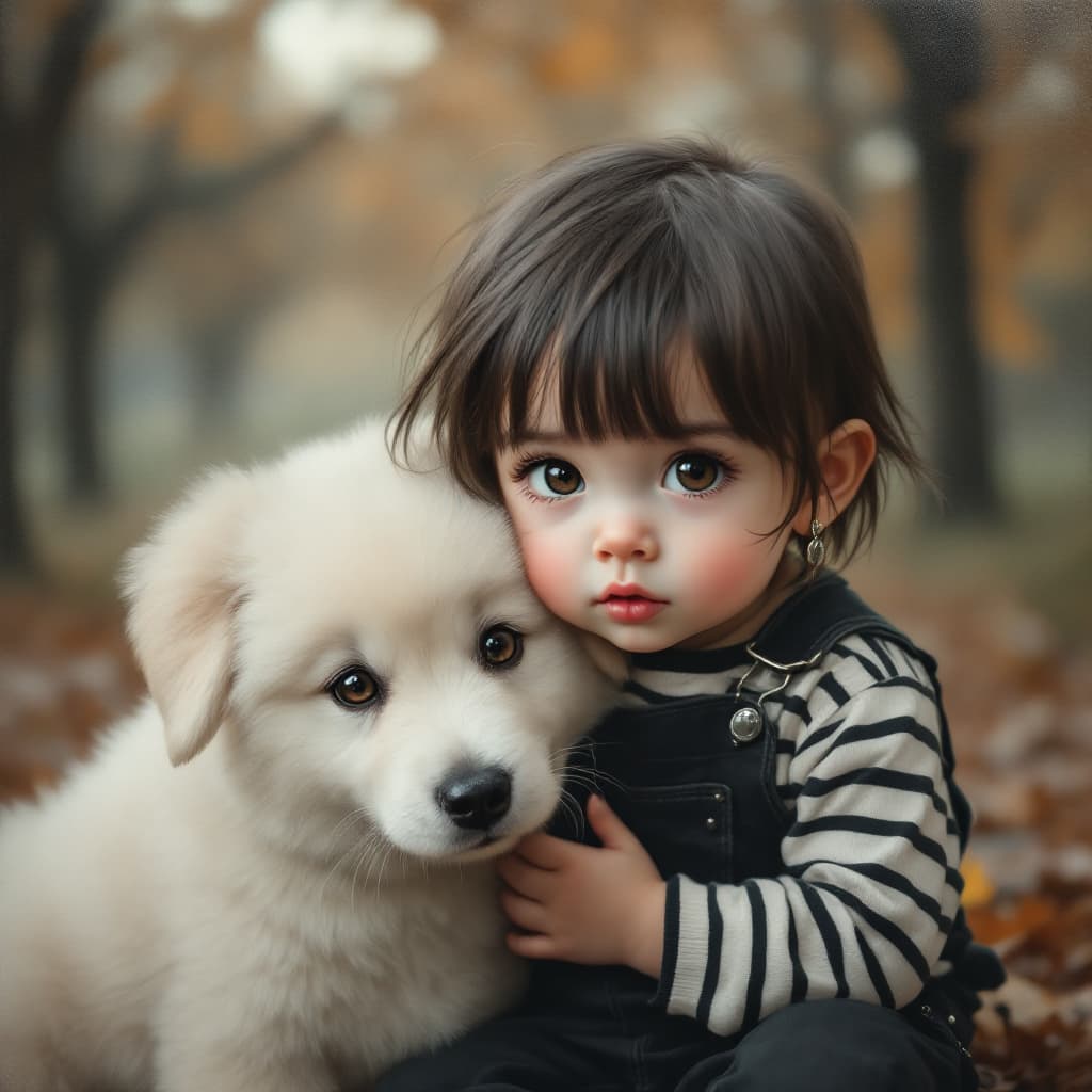 AI generated: Glossy oil painting: a cute toddler with an emo style, leaning against a fluffy white puppy. The tod...