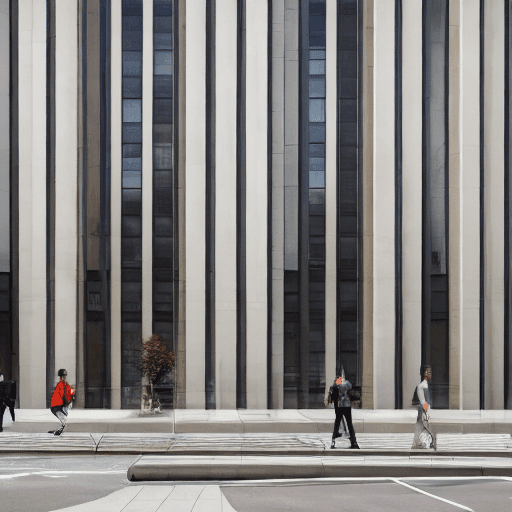 AI generated: photography, eye-level, front view, a contemporary urban building facade during twilight with pedest...