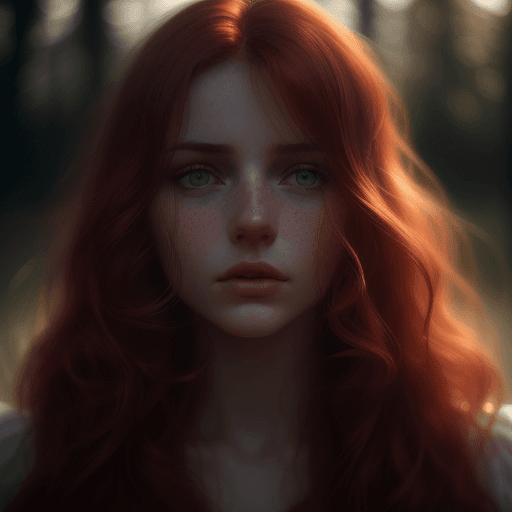 AI generated: Hyper Close-up photo of a beautiful Irish woman, delicate face, long red wavy layered hair, soft mak...