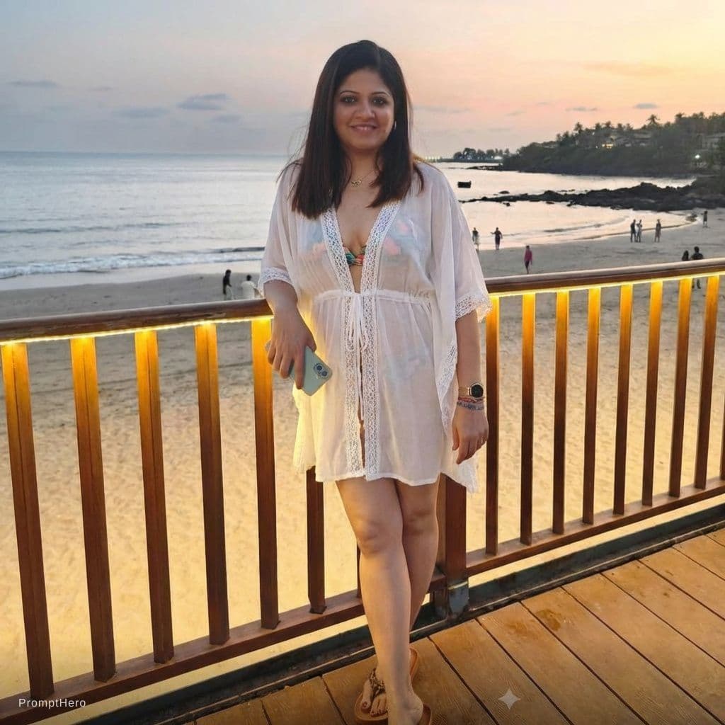 AI generated: Change outfit to thin beach wear 