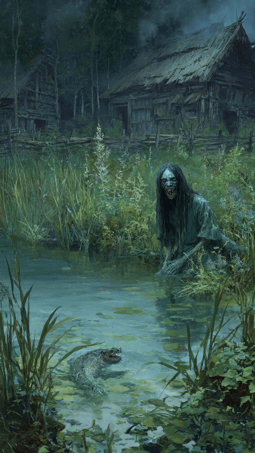 AI generated: ukrainian folklore dark fantasy art,evil looking swamp kikimora very creepy siren with long sharp te...