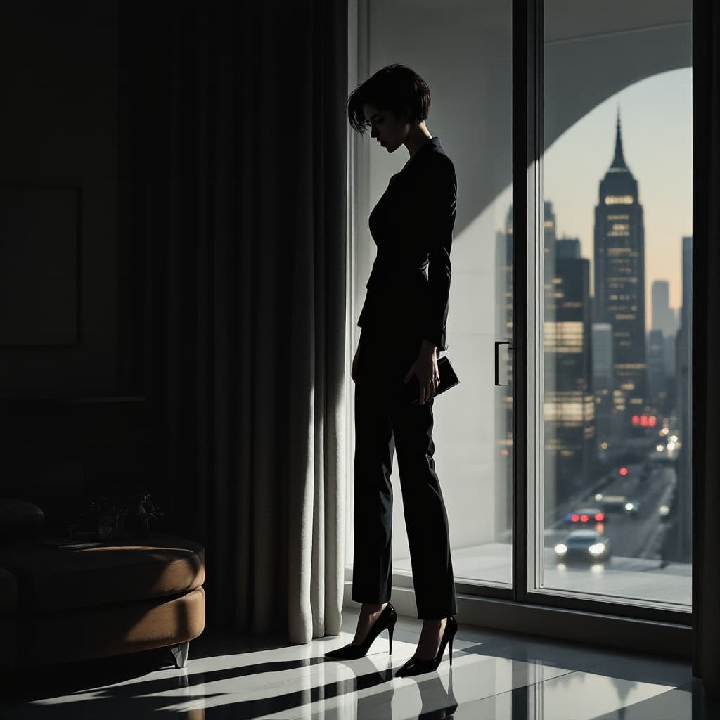 AI generated: High-resolution noir-style illustration with dramatic chiaroscuro lighting, a lithe businesswoman st...
