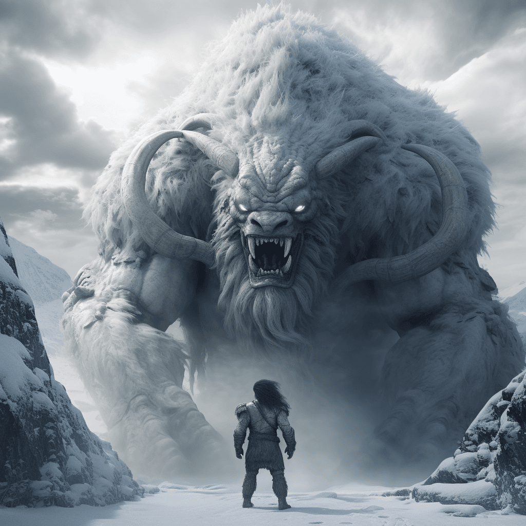 AI generated: an enormous snow monster is standing on the ice, in the style of epic fantasy scenes, manticore, exp...