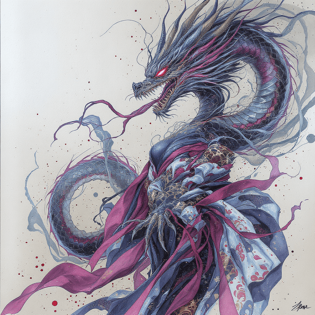 AI generated: A venomous girl, her body adorned with a water art form dragon, entwined with an abstract art style ...