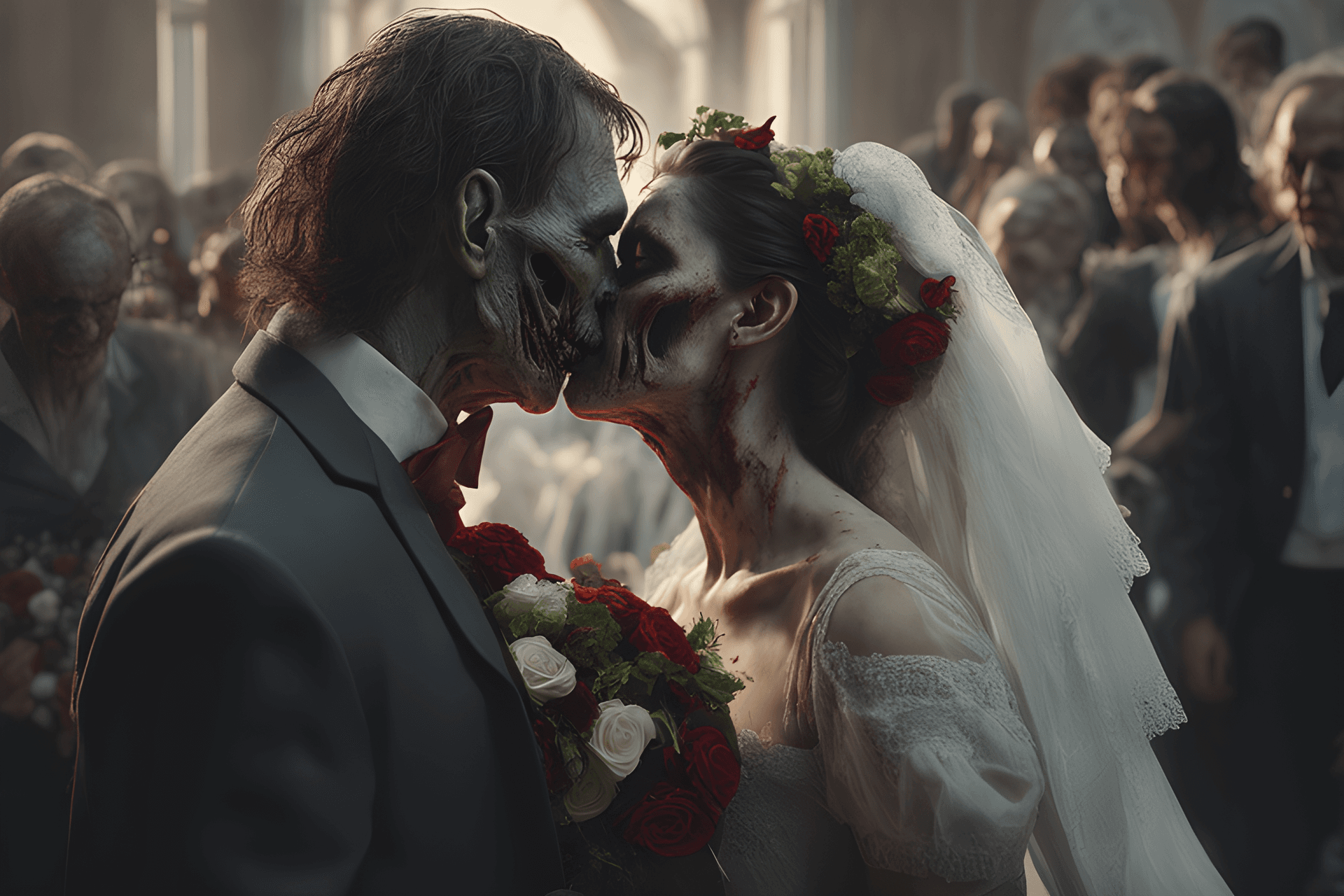 AI generated: A zombie Wedding,Kissing,all person are Zombies, perfect composition, beautiful detailed intricate i...