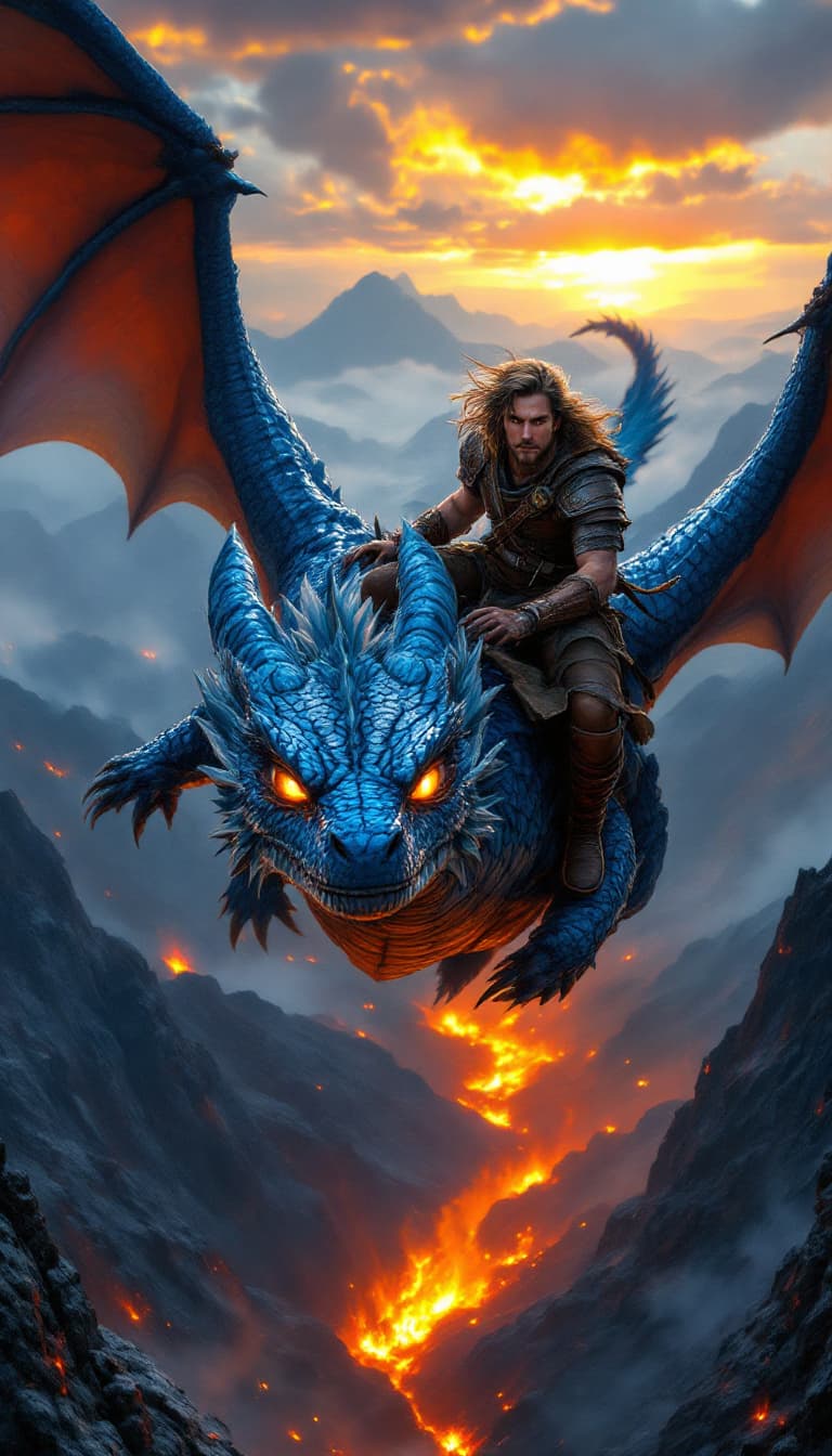 AI generated: A fearless dragon rider in rugged leather armor, perched atop a blue-scaled dragon with piercing eye...