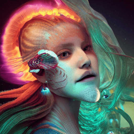 AI generated: Goddess close-up portrait ribcagel. jellyfish phoenix head, nautilus, orchid, skull, betta fish, bio...