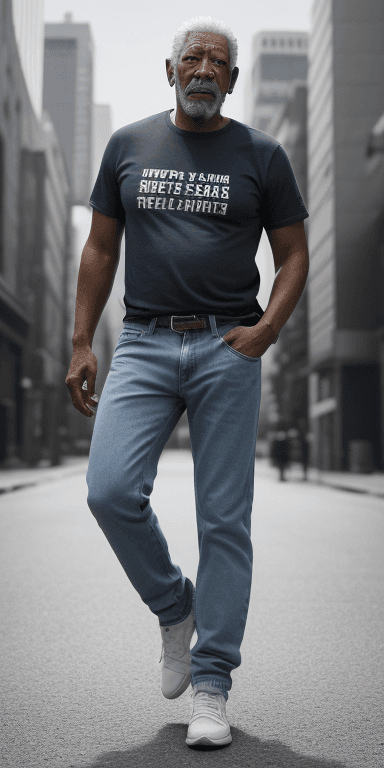 AI generated: Athletic Man wearing Jeans (hands in pocket) and t shirt Face hybrid of tim mason and morgan freeman...