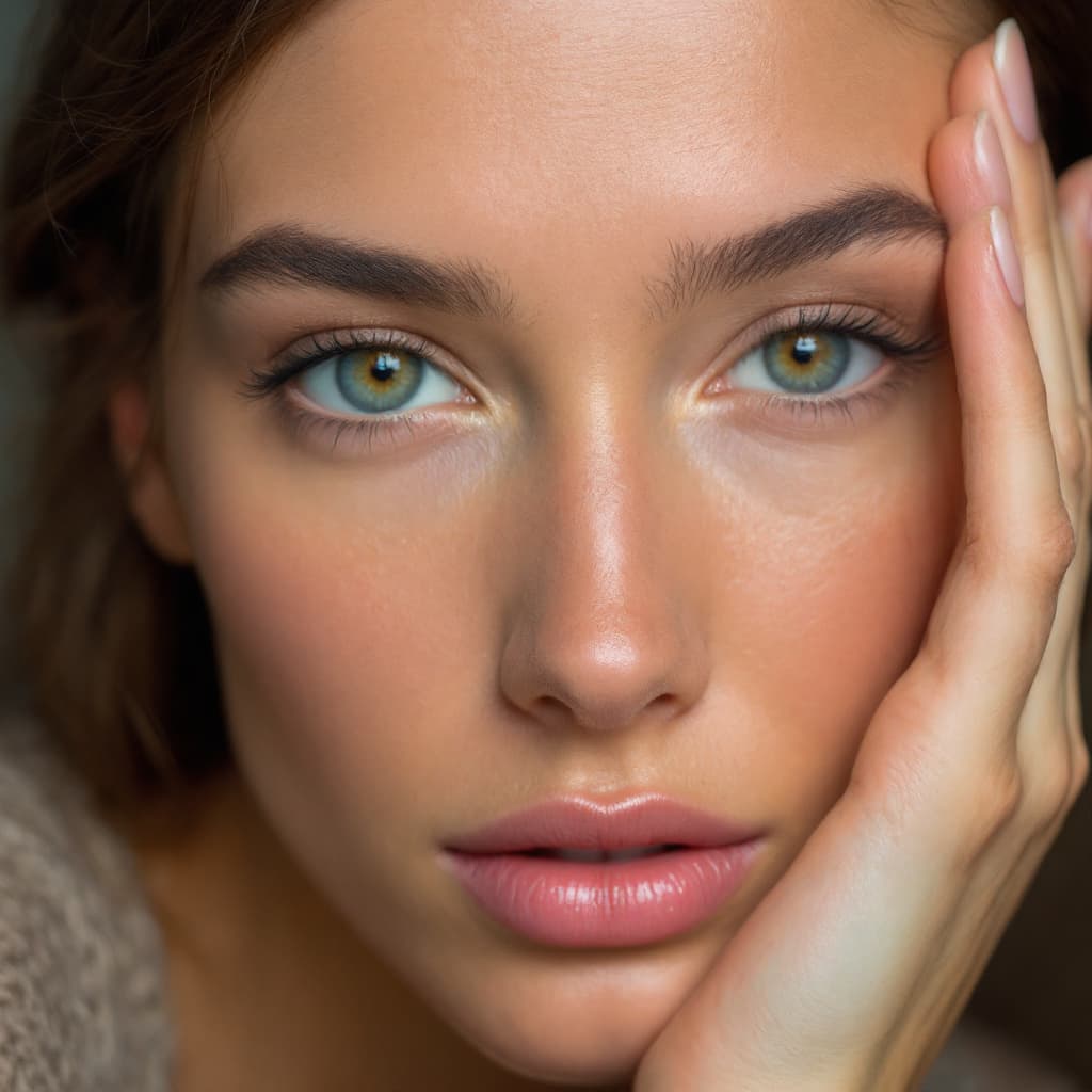 AI generated: A photo model with a finger on her forehead.