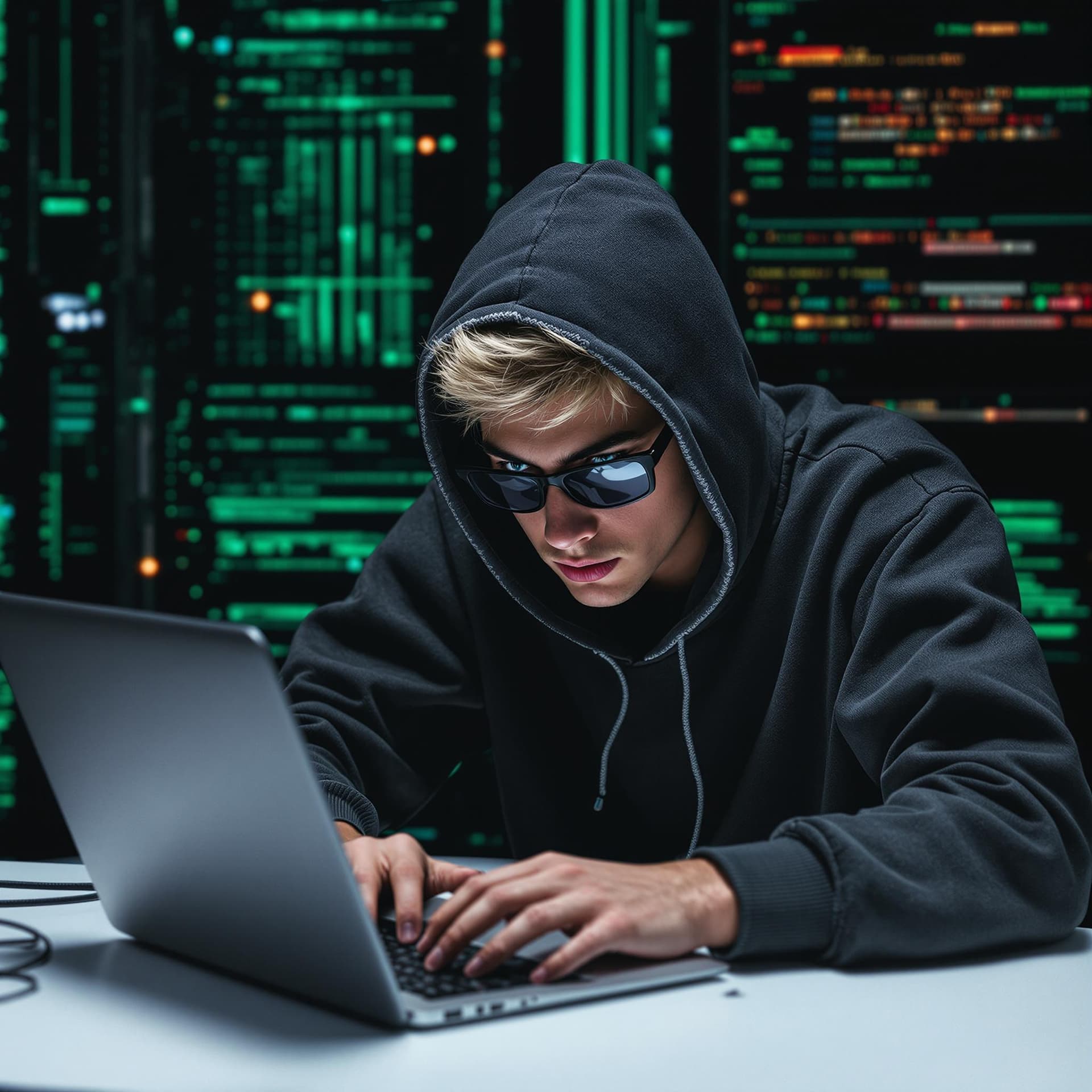 AI generated: A young male  blonde, blue eyed hacker using Kali Linux to penetrate an advanced computer system.
