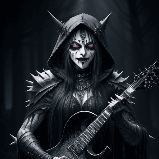 AI generated: black metal singer with corpse paint wearing a hooded cloak a torn apart from his spikes that he wea...