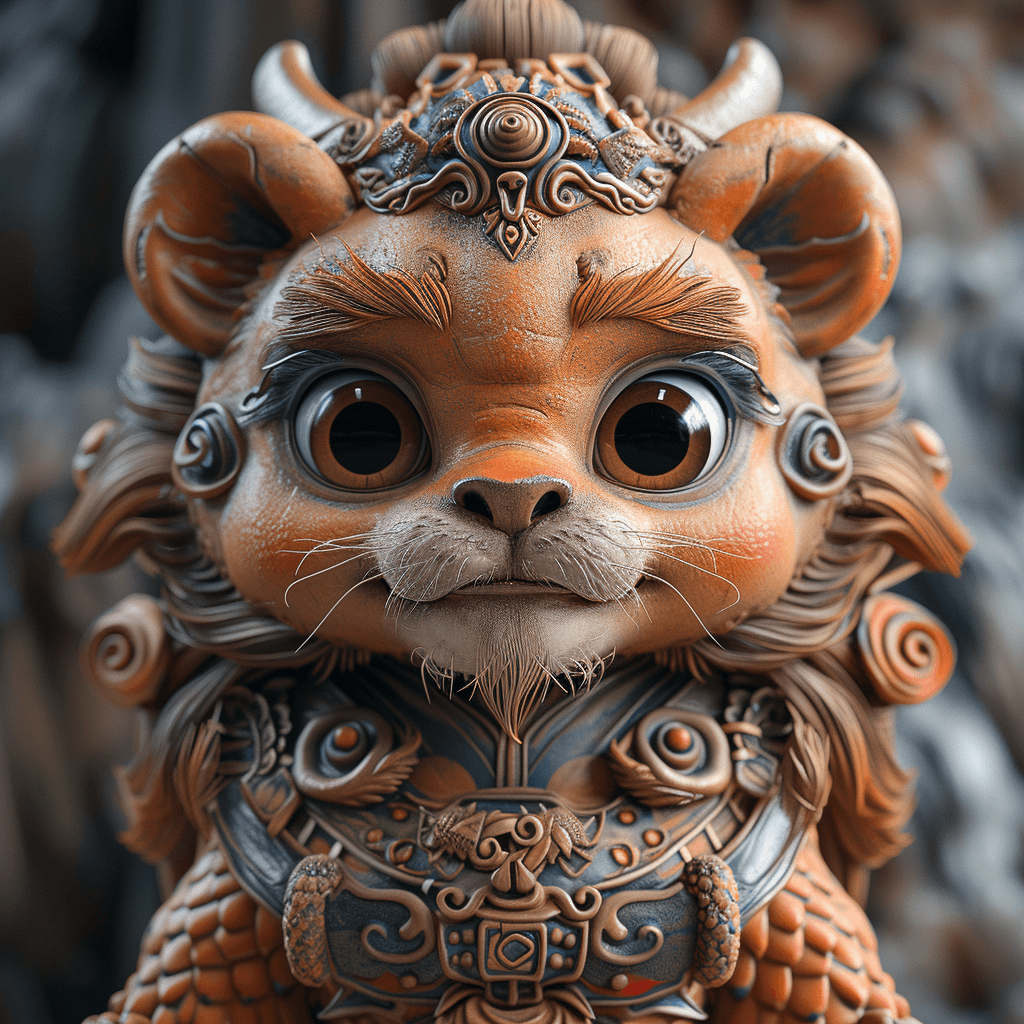 AI generated: child-like lion, in the style of chinese cultural themes, unreal engine 5, caricature faces, dragon ...