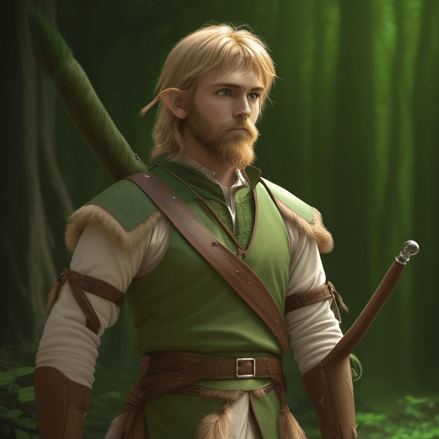 AI generated: high detailed professional upper body photo of a very young half-elf archer with shaggy blonde beard...