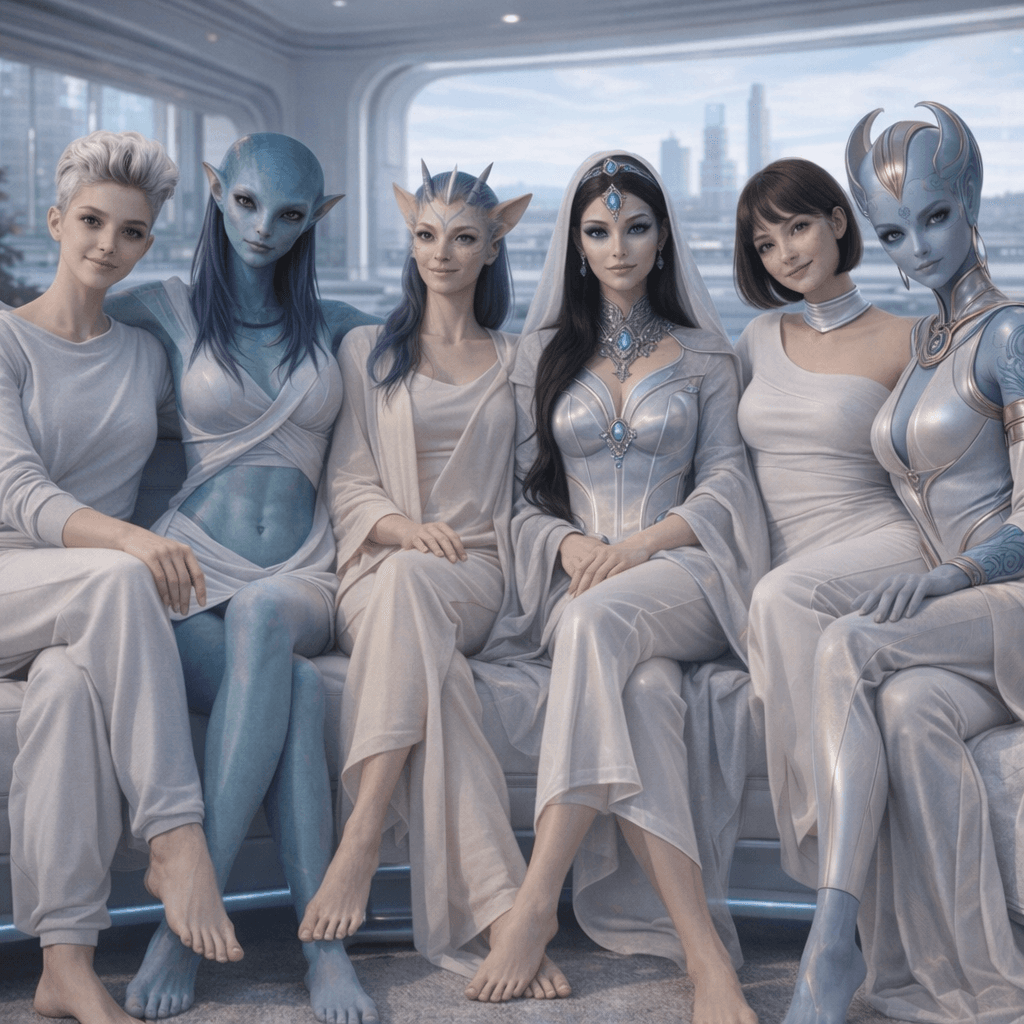AI generated: Create an image showcasing all-female, all-separate images, posing together. Change background, clot...
