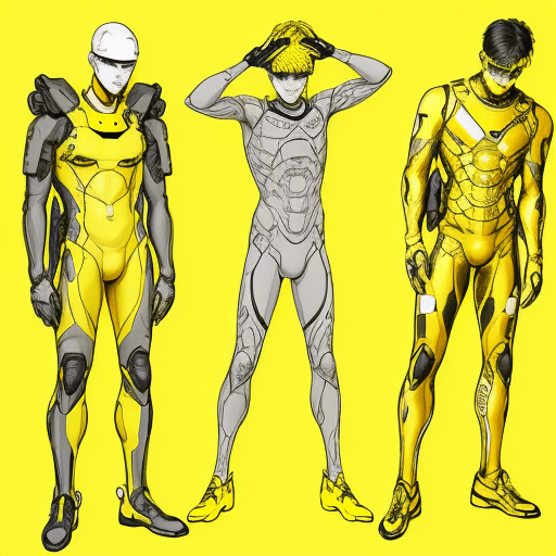 AI generated:  illustration, men, three, yellow, outlines --ar 9:16 