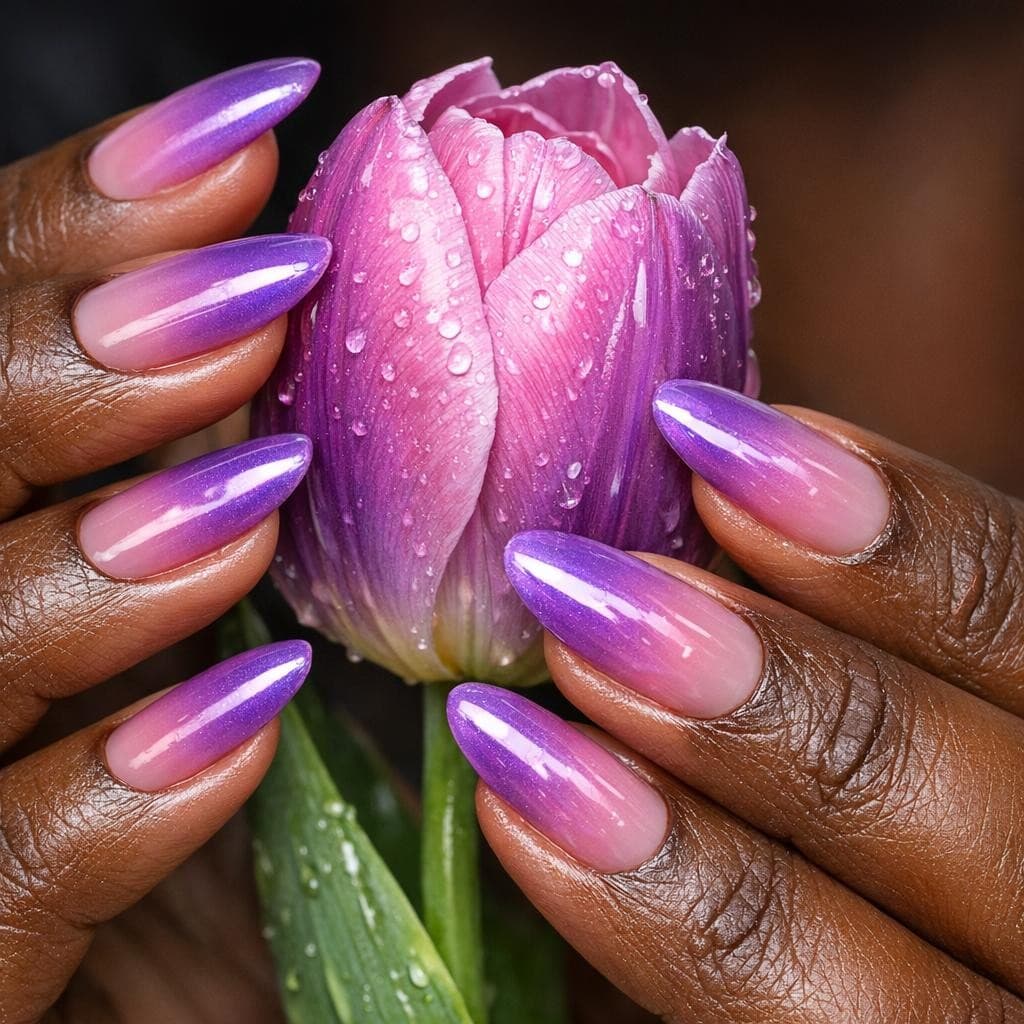 AI generated: Ultra realistic close up image of a dark-brown-skinned hands with long nails and ombre purple glazed...