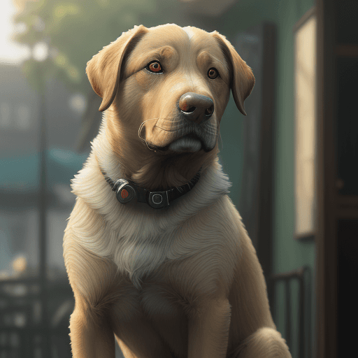 AI generated: Photo of a ultra realistic de un perro labrador color miel, ojos verdes, nariz café, pale sunrise, c...