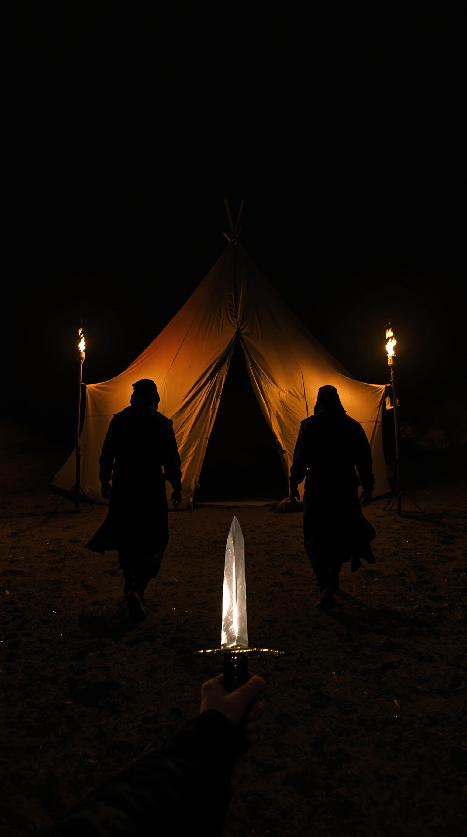 AI generated: POV first-person perspective, I make my way toward the canvas tent, the dagger clearly visible in my...