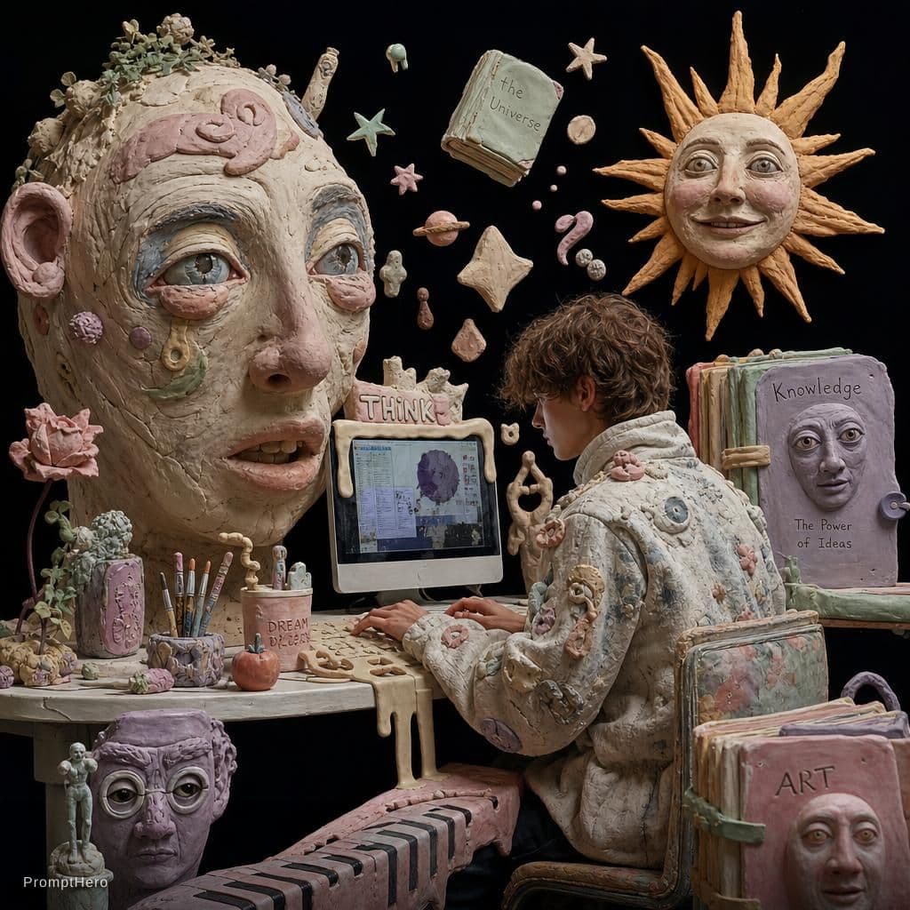 AI generated: surreal editorial composition, hyperrealistic human mixed with handmade plasticine sculptures, tacti...