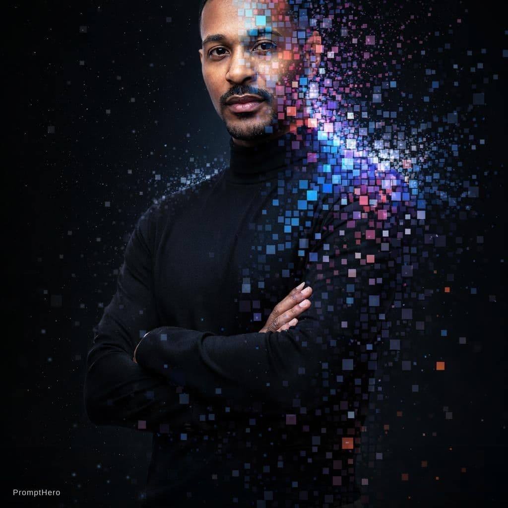 AI generated: portrait of a man, front shot, gaze, avant-garde styled, wearing a minimalist black wear, features a...