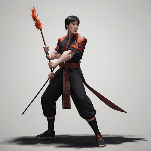 AI generated: A young man stands tall and strong like Jet Li and Jackie Chan mythology, a stick is up horizontal, ...