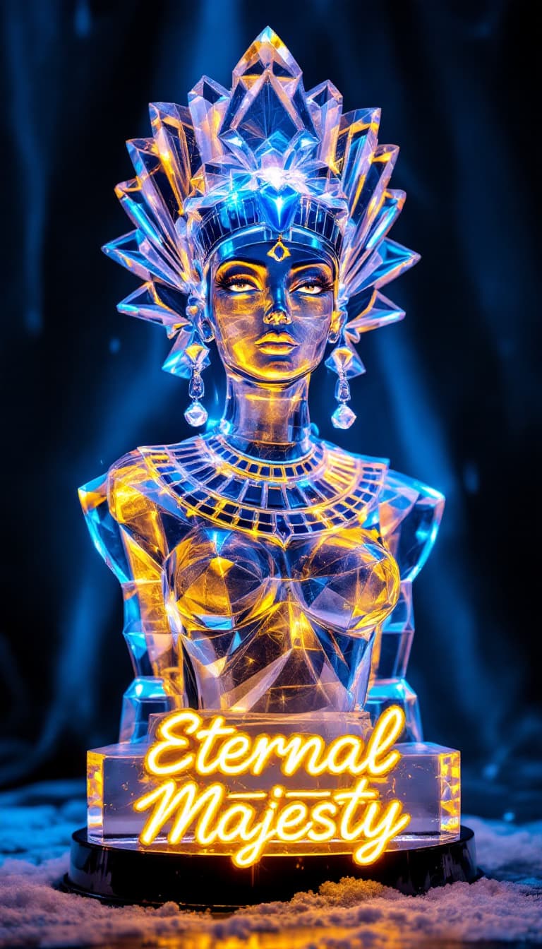AI generated: Design a card featuring an ice sculpture of an Egyptian Queen, her transparent figure shimmering rad...