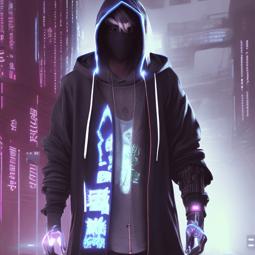 AI generated: A guy with a black whole face mask wearing an oversized black hoodie coat, with mechanical elements ...