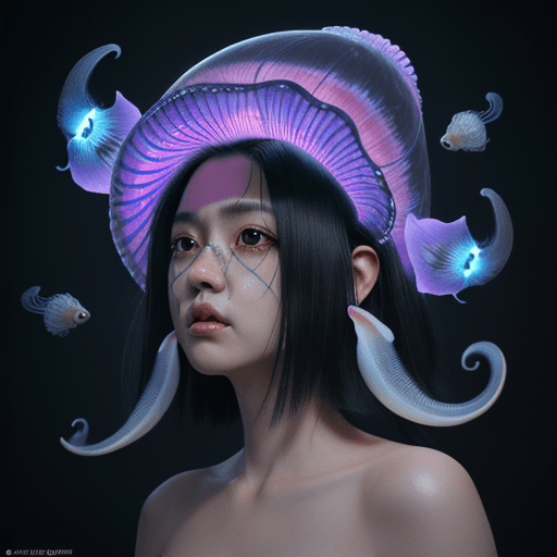 AI generated: Japanese chin dog close-up ,portrait ribcagel. jellyfish phoenix head, nautilus, orchid, skull, bett...