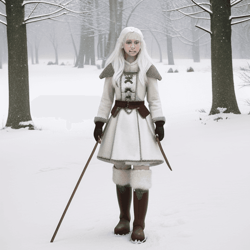 AI generated: A woman with snow-white hair in the VALORANT style. She wears heavy snow boots and she is in winter ...