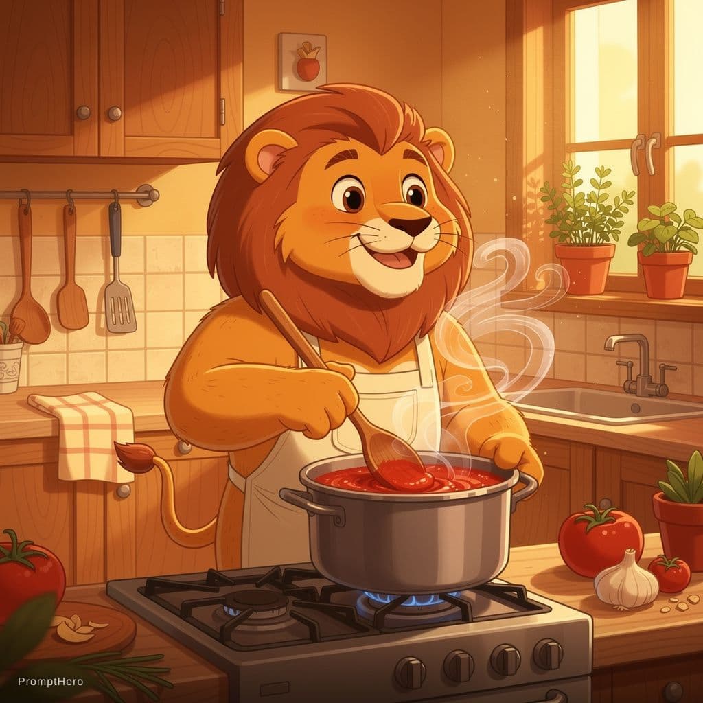 AI generated: Lion stirring a large pot of pasta sauce on the stove in a cozy kitchen, steam rising, warm lighting...