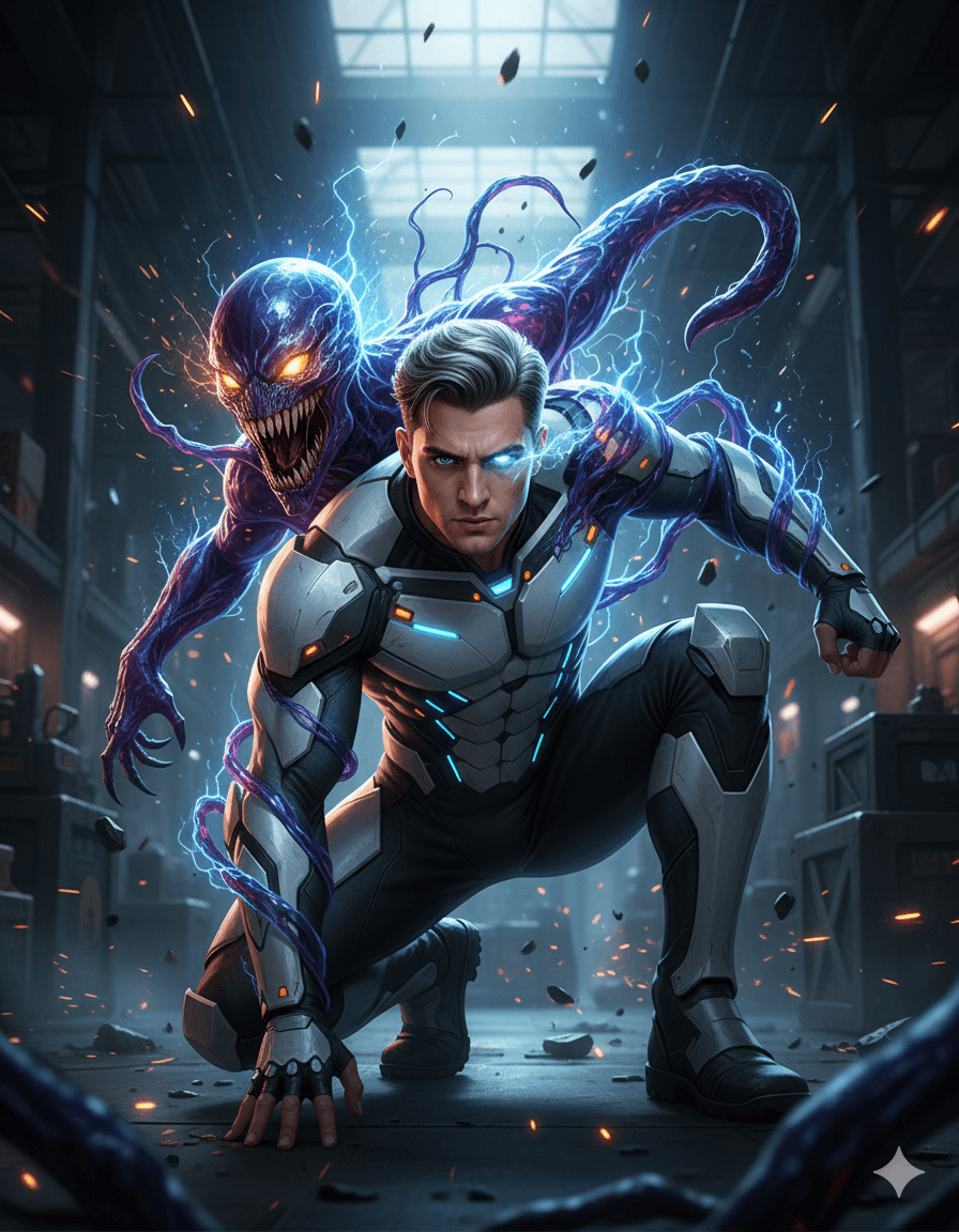 AI generated: ltra-realistic cinematic sci-fi action scene of a young male warrior crouching in a dramatic superhe...
