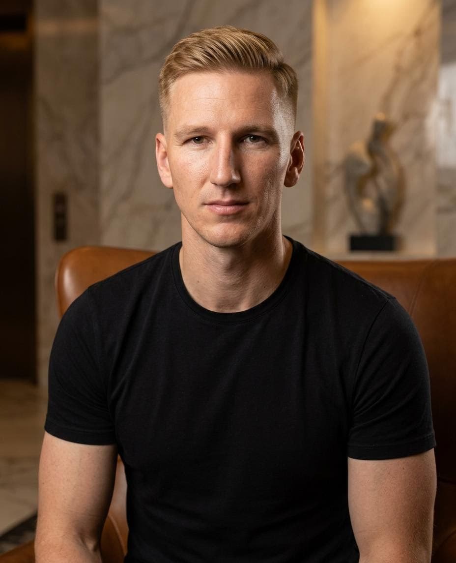 AI generated: Professional portrait of a 38-year-old white American man, golden blonde fade cut, broad shoulders, ...