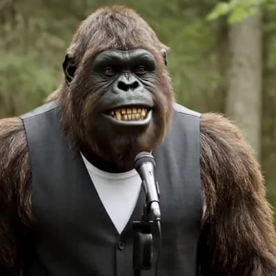 AI generated video: Clip 4: Opening Joke
Prompt:
Medium shot. Bigfoot adjusts the mic, says:
“Why don’t I take selfies? ...