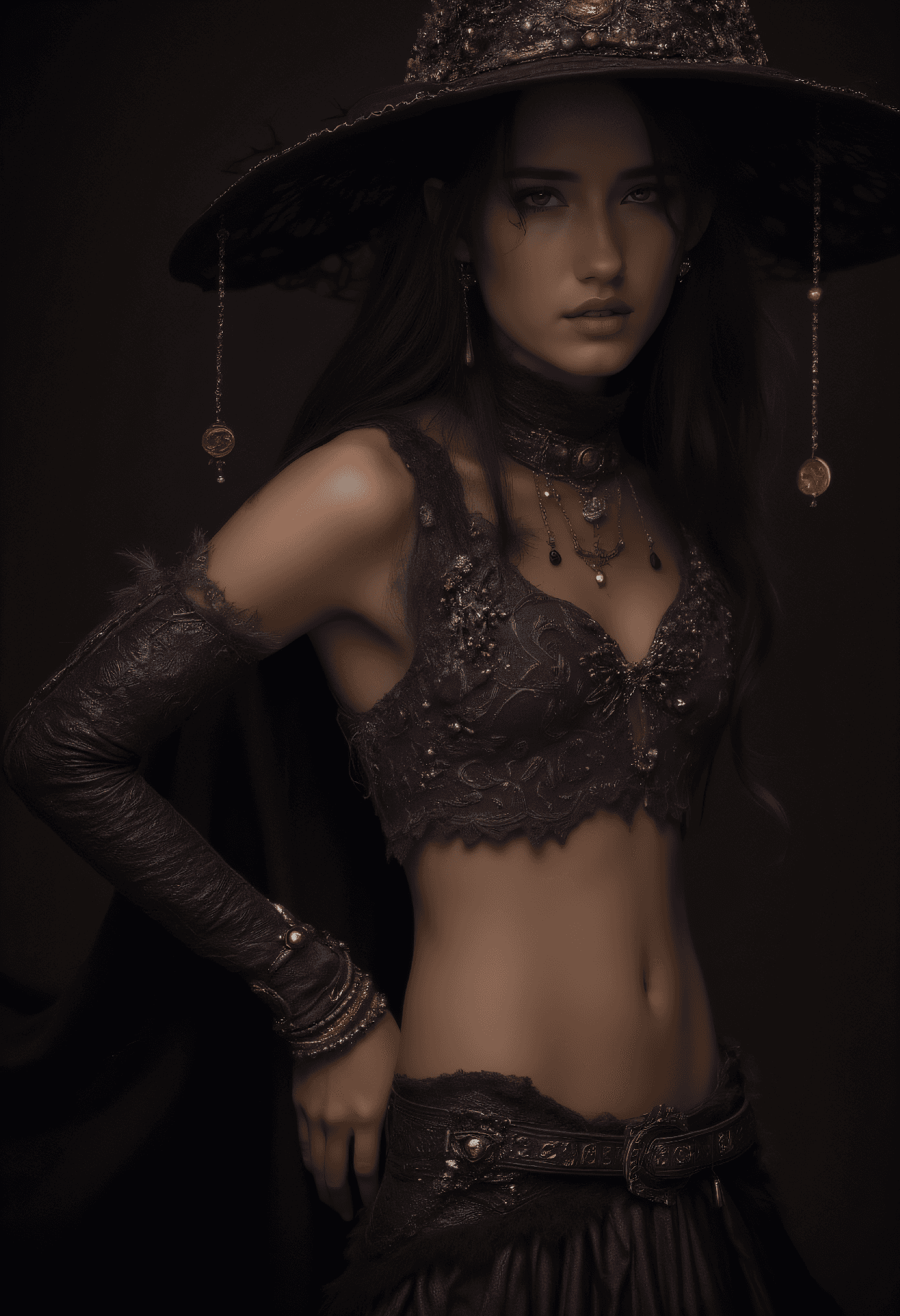 AI generated: A fantasy witch character portrait, athletic build with toned midriff, intricate Victorian-Gothic wi...
