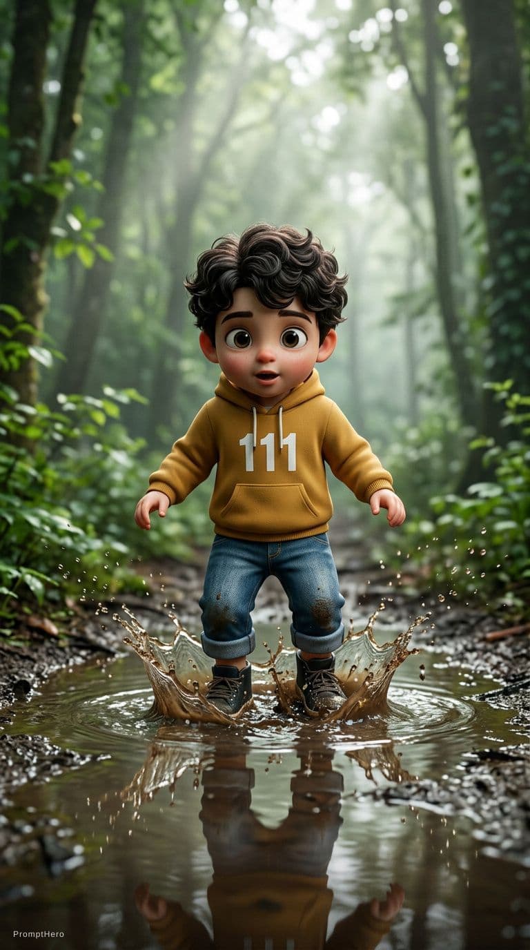 AI generated: Cute stylized 3D little boy standing in a shallow muddy puddle in a misty forest, close-up on boots ...