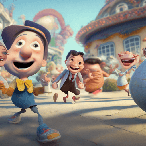 AI generated: An image of a happy cartoon man, full body accompanied by several characters, which are well defined...