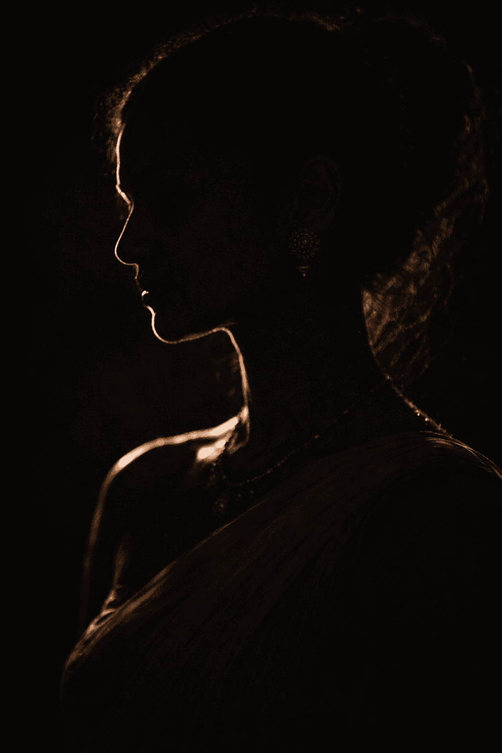 AI generated: cinematic silhouette portrait of an Indian woman, strong rim lighting outlining facial profile and s...