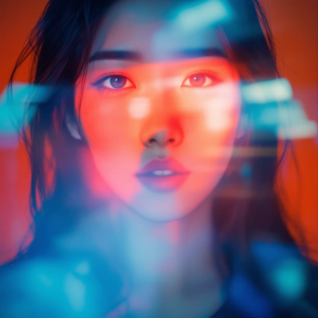 AI generated: photography, orange hue, korean woman model, solid orange backdrop, using a camera setup that mimics...