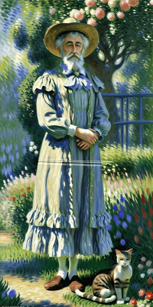 AI generated: Full height front view Portrait of old Monet standing near a tree and looking at the cat sitting nea...