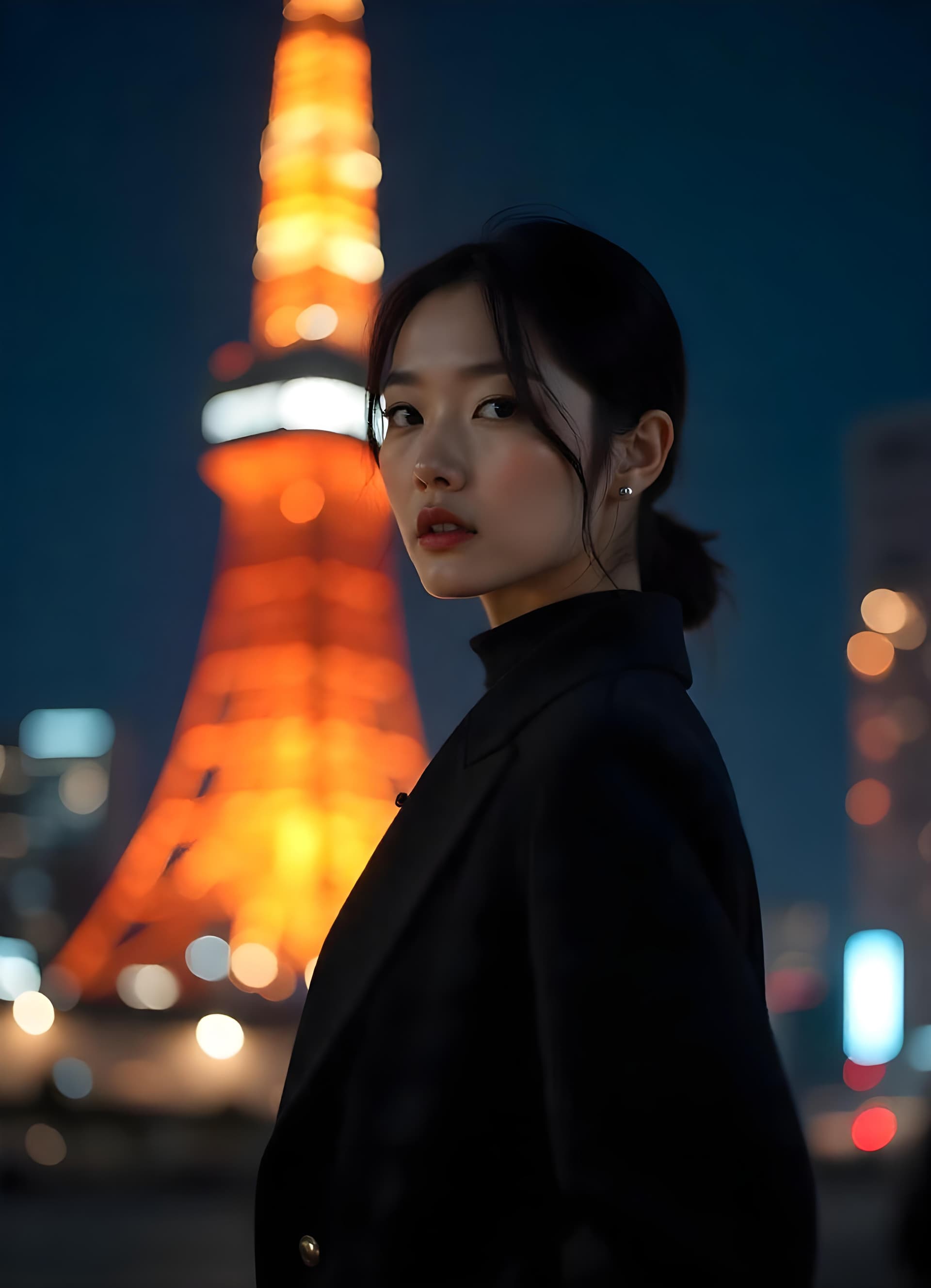 AI generated: imagine A nighttime photograph taken with a Canon camera of a beautiful Korean woman at Tokyo Tower....