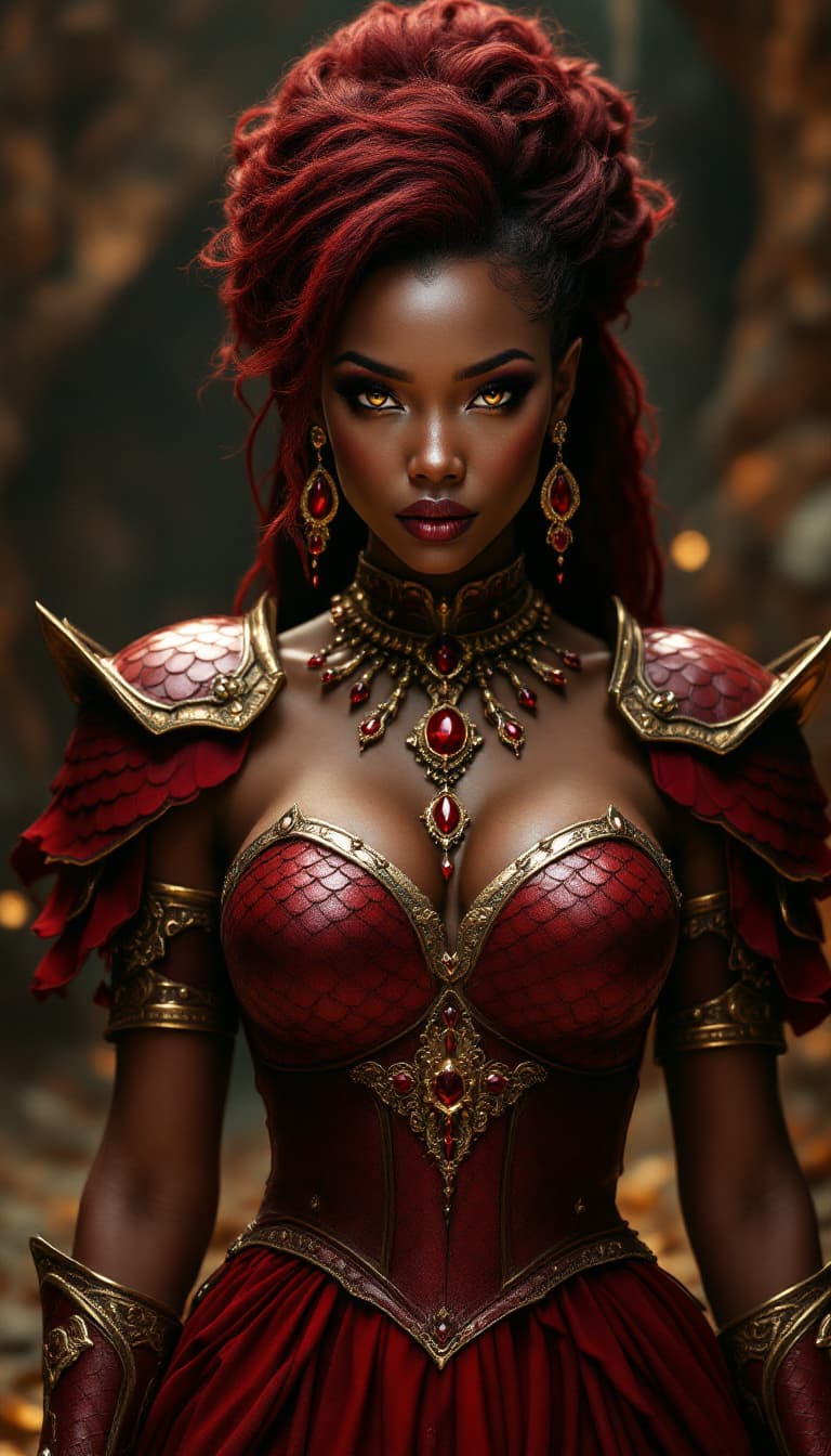 AI generated: Photorealistic portrait of a formidable yet elegant woman inspired by Dragon; tall, statuesque Afric...