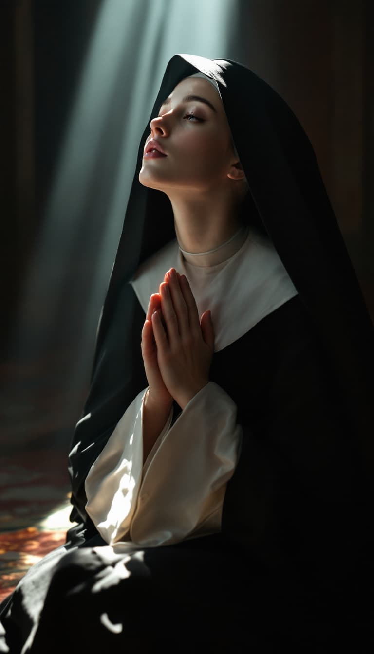 AI generated: Photo of a ultra realistic full body view of beautiful 19yo nun kneeling, delicate hands with long s...