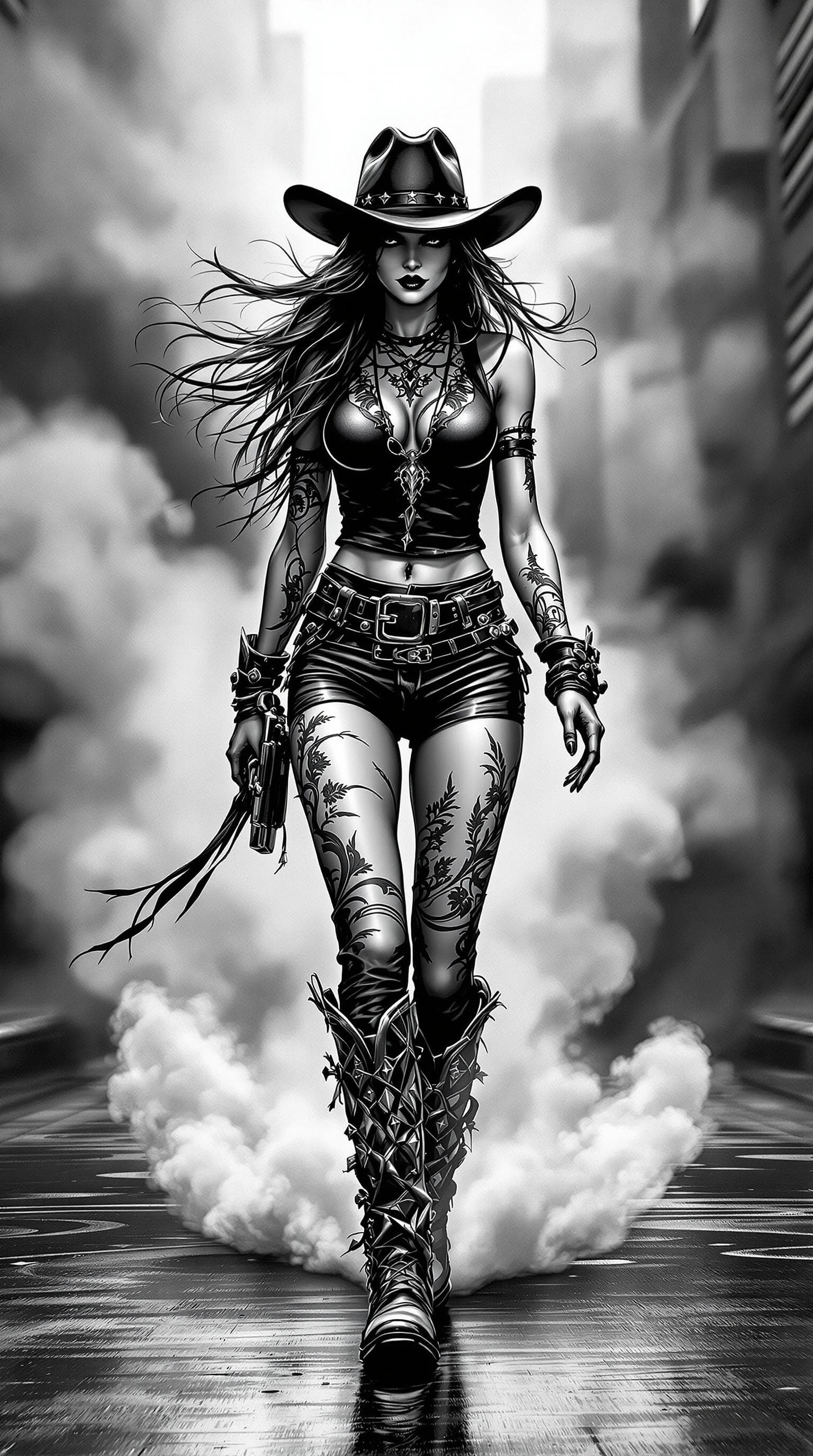 AI generated: A digital drawing of an urban cowgirl, full body, walking on the street, wearing cowboy boots and ha...