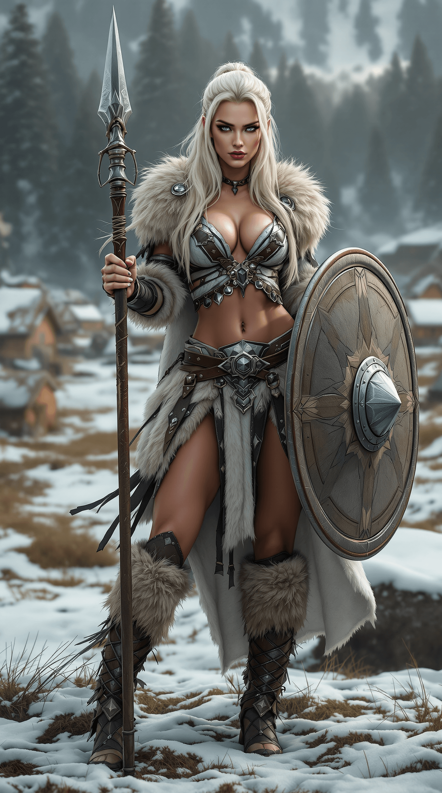 AI generated: Create a highly photorealistic full body, imposing stance. She is the queen warrior, fierce and gorg...