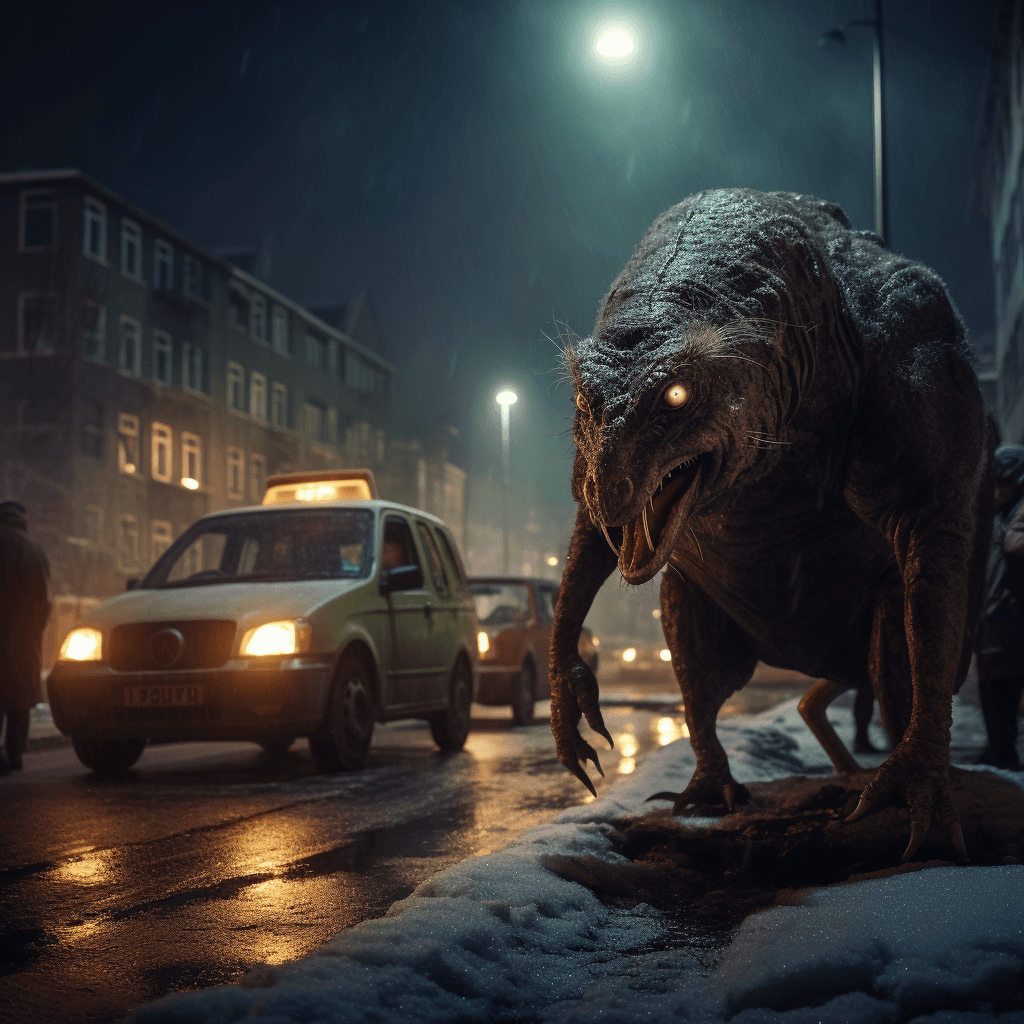 AI generated: haunting alien creature that looks like a monstrous giant shrew with many fangs, reddish eyes, urban...