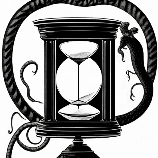AI generated: a hourglass, black and white light on the left and right, ouroboros